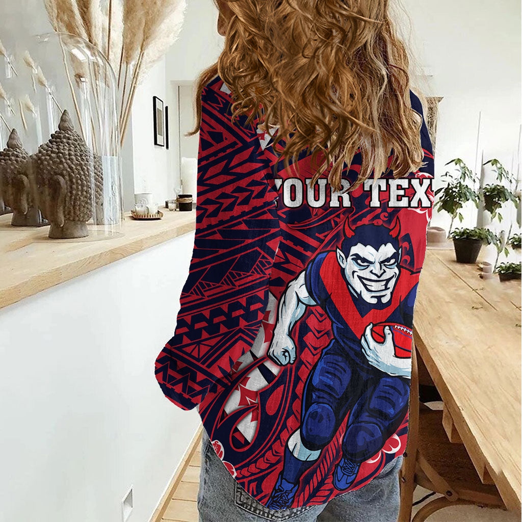 Personalized Melbourne Demons Women Casual Shirt Polynesian Tribal Demon Mascot With Hibiscus Floral Art