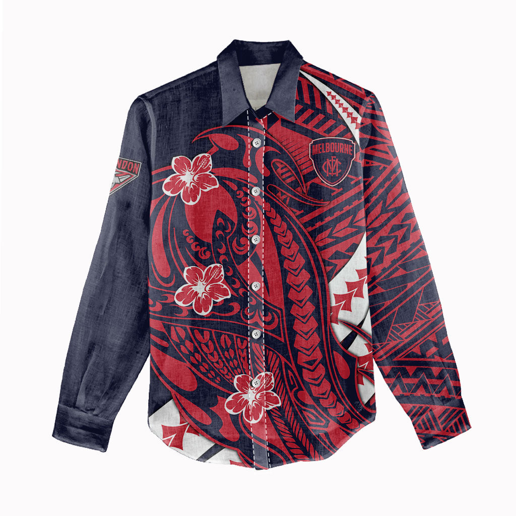 Personalized Melbourne Demons Women Casual Shirt Polynesian Tribal Demon Mascot With Hibiscus Floral Art
