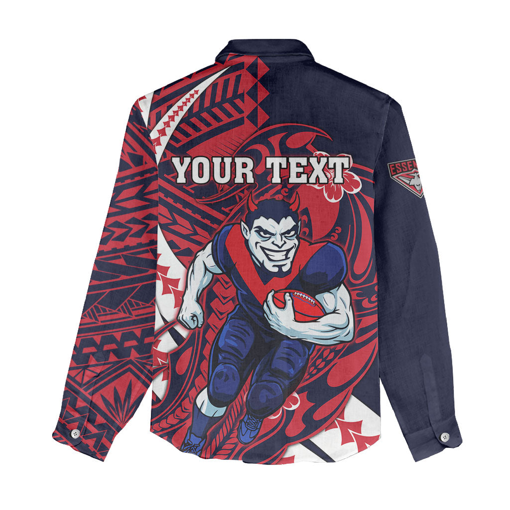 Personalized Melbourne Demons Women Casual Shirt Polynesian Tribal Demon Mascot With Hibiscus Floral Art