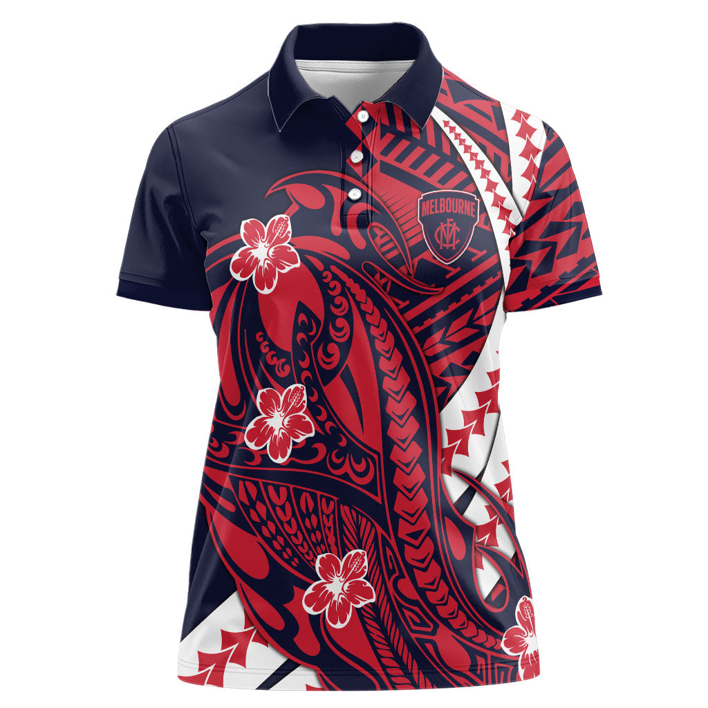 Personalized Melbourne Demons Women Polo Shirt Polynesian Tribal Demon Mascot With Hibiscus Floral Art