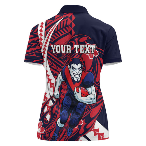 Personalized Melbourne Demons Women Polo Shirt Polynesian Tribal Demon Mascot With Hibiscus Floral Art