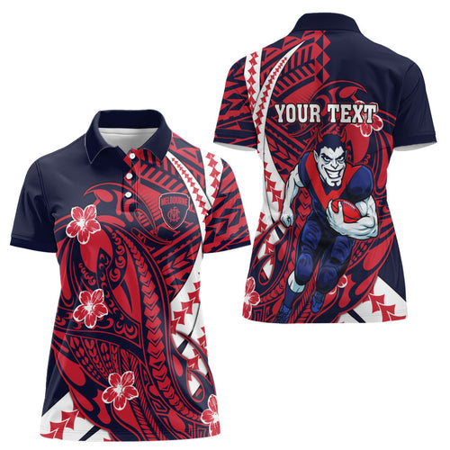 Personalized Melbourne Demons Women Polo Shirt Polynesian Tribal Demon Mascot With Hibiscus Floral Art