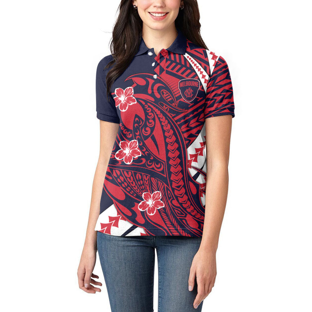 Personalized Melbourne Demons Women Polo Shirt Polynesian Tribal Demon Mascot With Hibiscus Floral Art