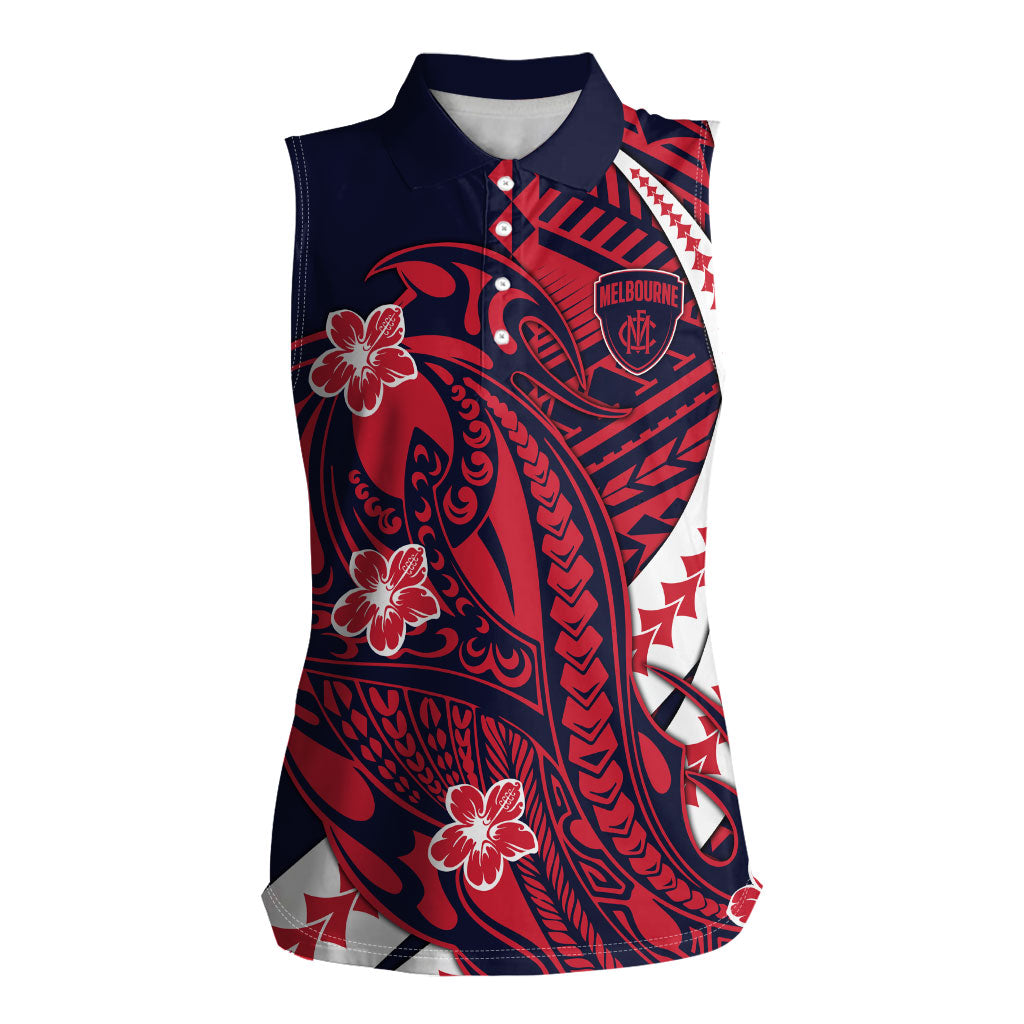 Personalized Melbourne Demons Women Sleeveless Polo Shirt Polynesian Tribal Demon Mascot With Hibiscus Floral Art