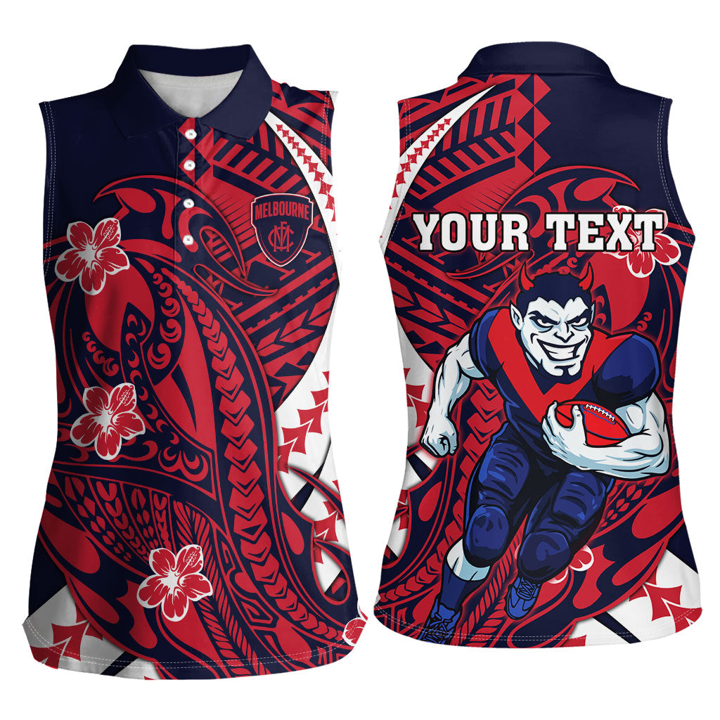 Personalized Melbourne Demons Women Sleeveless Polo Shirt Polynesian Tribal Demon Mascot With Hibiscus Floral Art