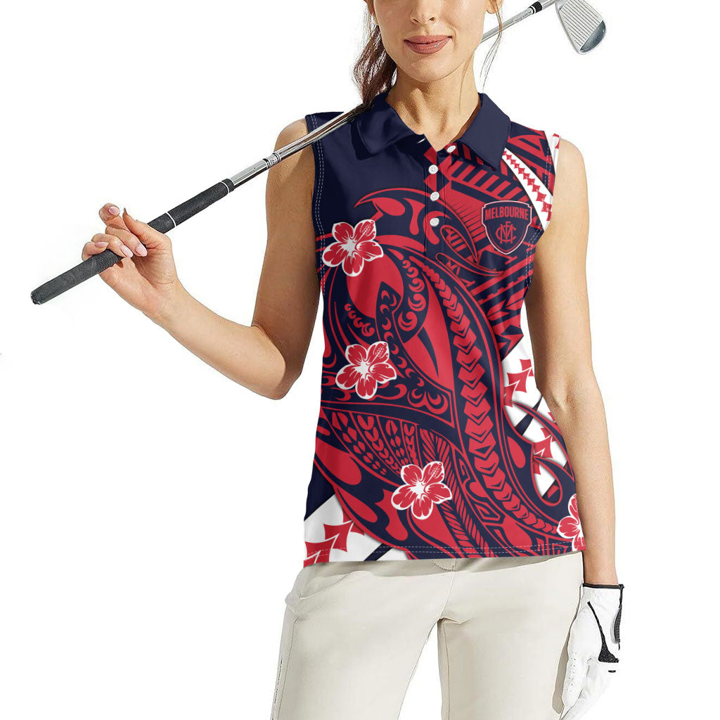 Personalized Melbourne Demons Women Sleeveless Polo Shirt Polynesian Tribal Demon Mascot With Hibiscus Floral Art