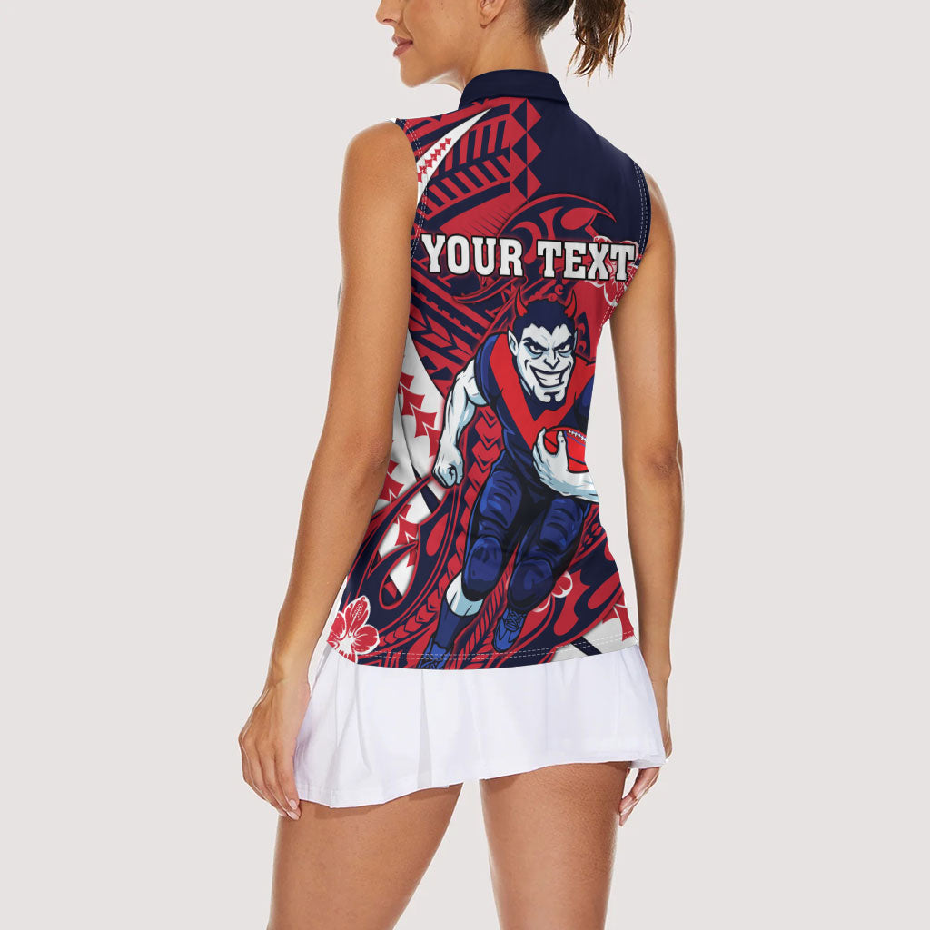 Personalized Melbourne Demons Women Sleeveless Polo Shirt Polynesian Tribal Demon Mascot With Hibiscus Floral Art