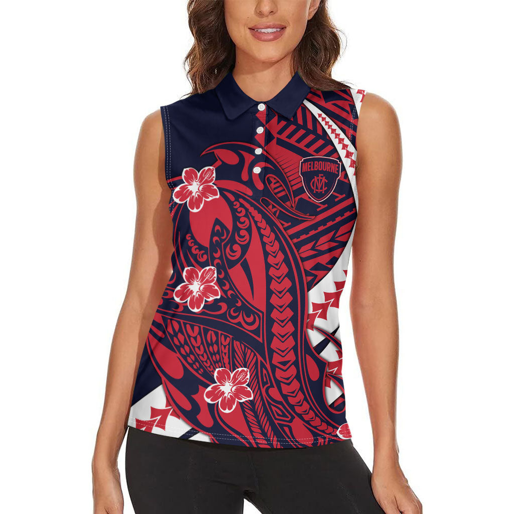 Personalized Melbourne Demons Women Sleeveless Polo Shirt Polynesian Tribal Demon Mascot With Hibiscus Floral Art