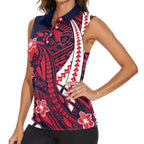 Personalized Melbourne Demons Women Sleeveless Polo Shirt Polynesian Tribal Demon Mascot With Hibiscus Floral Art