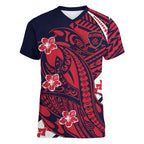 Personalized Melbourne Demons Women V-Neck T-Shirt Polynesian Tribal Demon Mascot With Hibiscus Floral Art