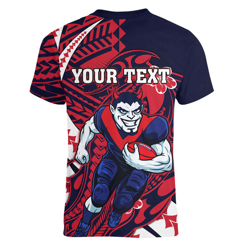 Personalized Melbourne Demons Women V-Neck T-Shirt Polynesian Tribal Demon Mascot With Hibiscus Floral Art