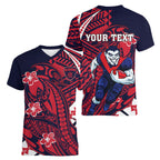 Personalized Melbourne Demons Women V-Neck T-Shirt Polynesian Tribal Demon Mascot With Hibiscus Floral Art