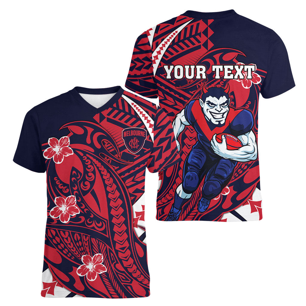 Personalized Melbourne Demons Women V-Neck T-Shirt Polynesian Tribal Demon Mascot With Hibiscus Floral Art