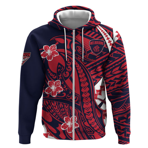 Personalized Melbourne Demons Zip Hoodie Polynesian Tribal Demon Mascot With Hibiscus Floral Art