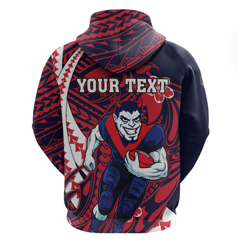 Personalized Melbourne Demons Zip Hoodie Polynesian Tribal Demon Mascot With Hibiscus Floral Art