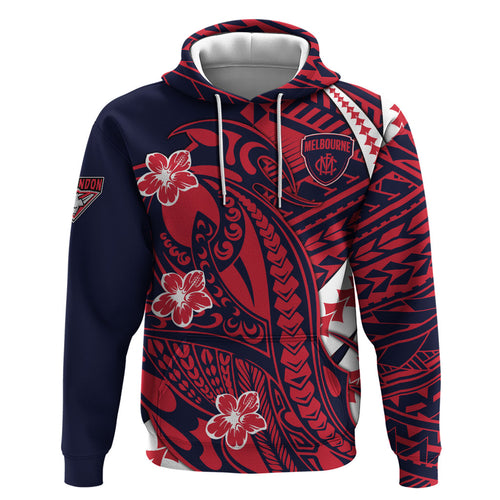 Personalized Melbourne Demons Zip Hoodie Polynesian Tribal Demon Mascot With Hibiscus Floral Art