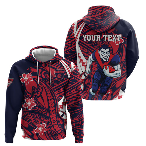 Personalized Melbourne Demons Zip Hoodie Polynesian Tribal Demon Mascot With Hibiscus Floral Art