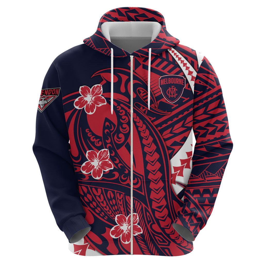 Personalized Melbourne Demons Zip Hoodie Polynesian Tribal Demon Mascot With Hibiscus Floral Art