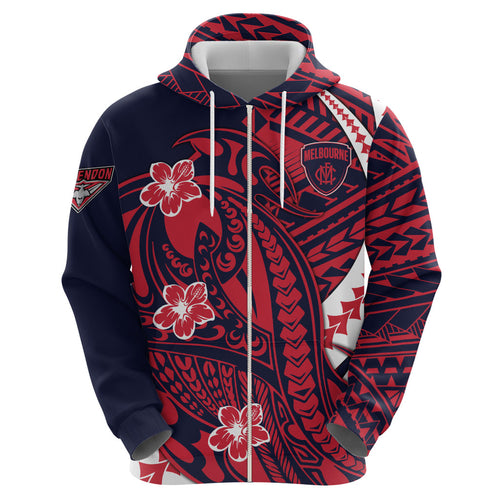 Personalized Melbourne Demons Zip Hoodie Polynesian Tribal Demon Mascot With Hibiscus Floral Art
