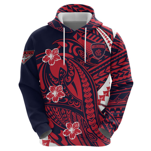 Personalized Melbourne Demons Zip Hoodie Polynesian Tribal Demon Mascot With Hibiscus Floral Art