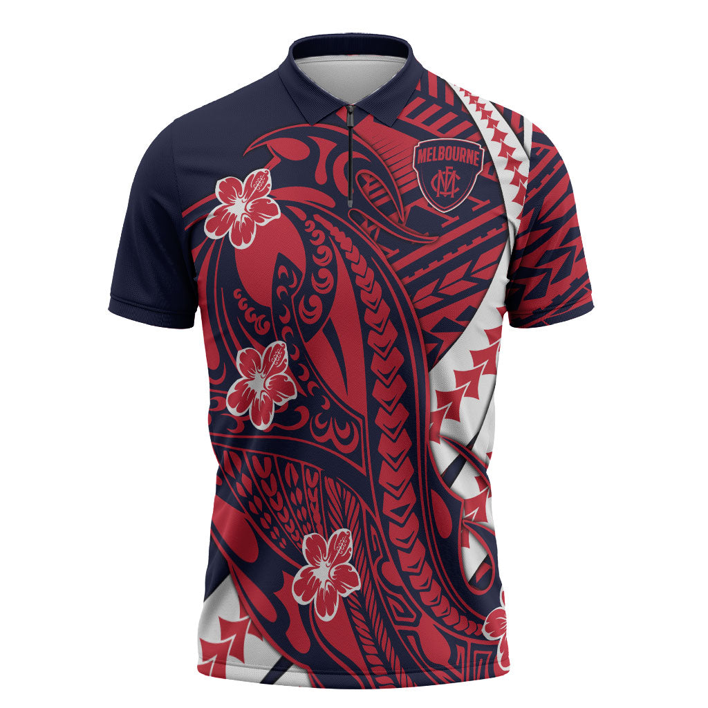 Personalized Melbourne Demons Zipper Polo Shirt Polynesian Tribal Demon Mascot With Hibiscus Floral Art
