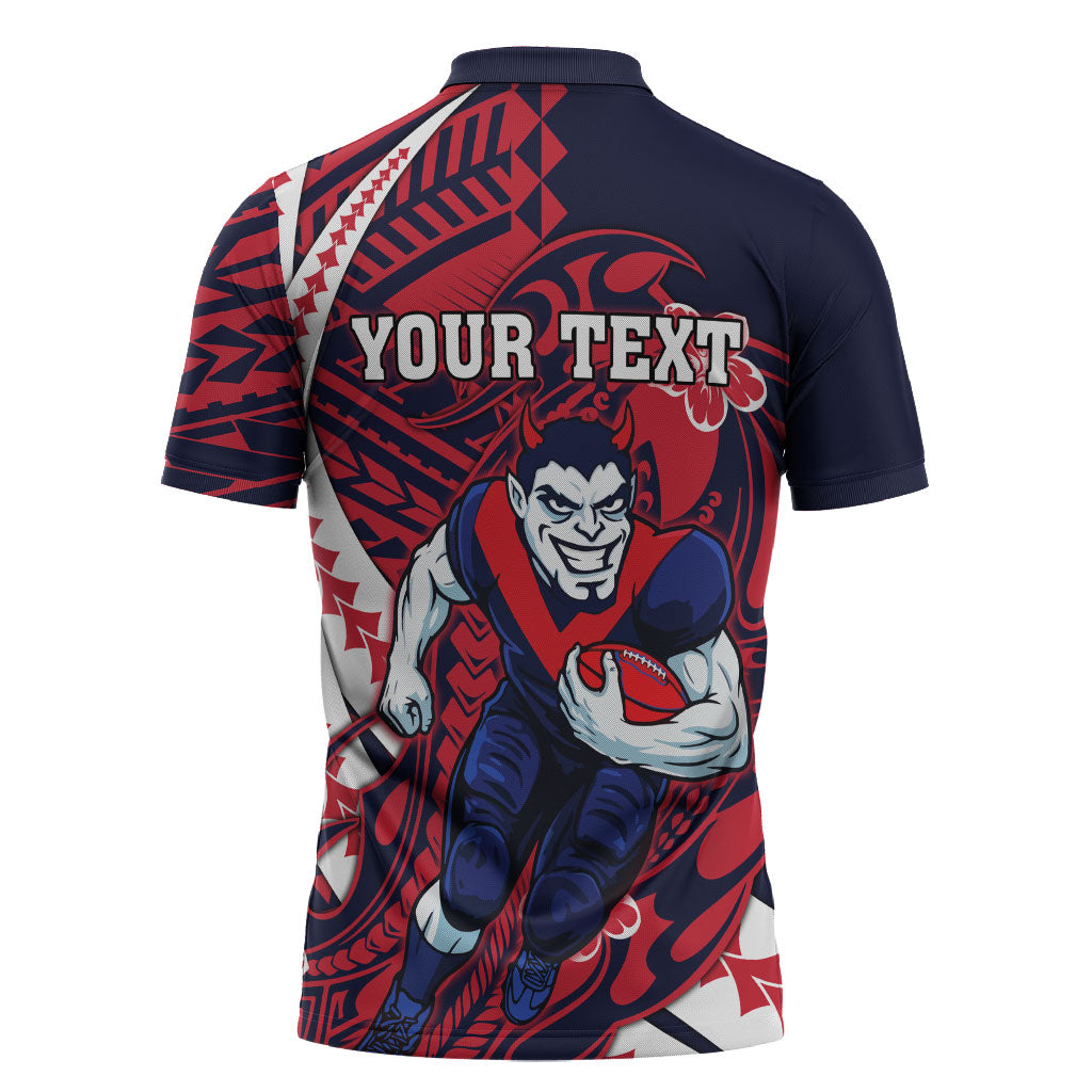 Personalized Melbourne Demons Zipper Polo Shirt Polynesian Tribal Demon Mascot With Hibiscus Floral Art