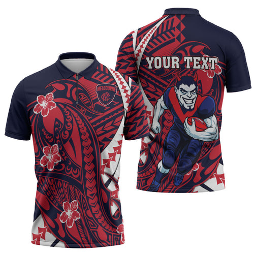 Personalized Melbourne Demons Zipper Polo Shirt Polynesian Tribal Demon Mascot With Hibiscus Floral Art