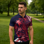 Personalized Melbourne Demons Zipper Polo Shirt Polynesian Tribal Demon Mascot With Hibiscus Floral Art