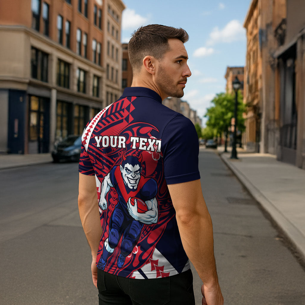 Personalized Melbourne Demons Zipper Polo Shirt Polynesian Tribal Demon Mascot With Hibiscus Floral Art