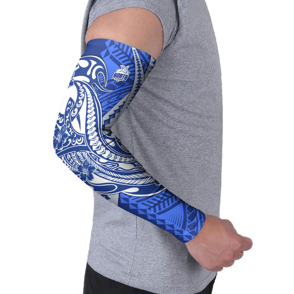 Personalized North Melbourne Kangaroos Arm Sleeves Polynesian Tribal Kangaroo Mascot With Hibiscus Floral Art