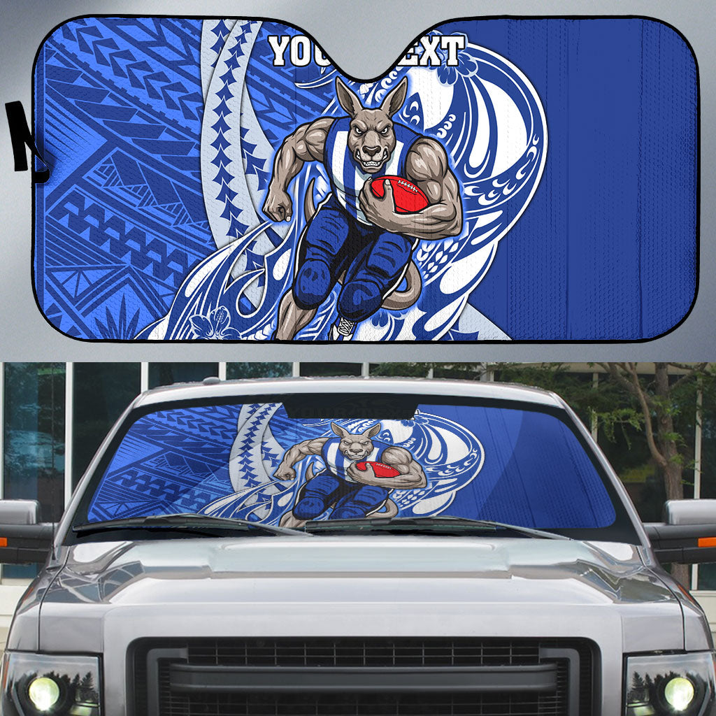 Personalized North Melbourne Kangaroos Auto Sun Shade Polynesian Tribal Kangaroo Mascot With Hibiscus Floral Art