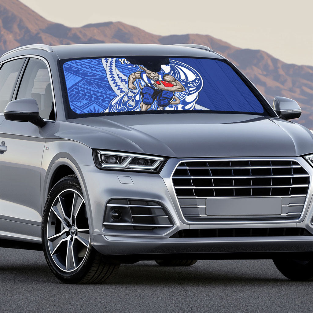 Personalized North Melbourne Kangaroos Auto Sun Shade Polynesian Tribal Kangaroo Mascot With Hibiscus Floral Art