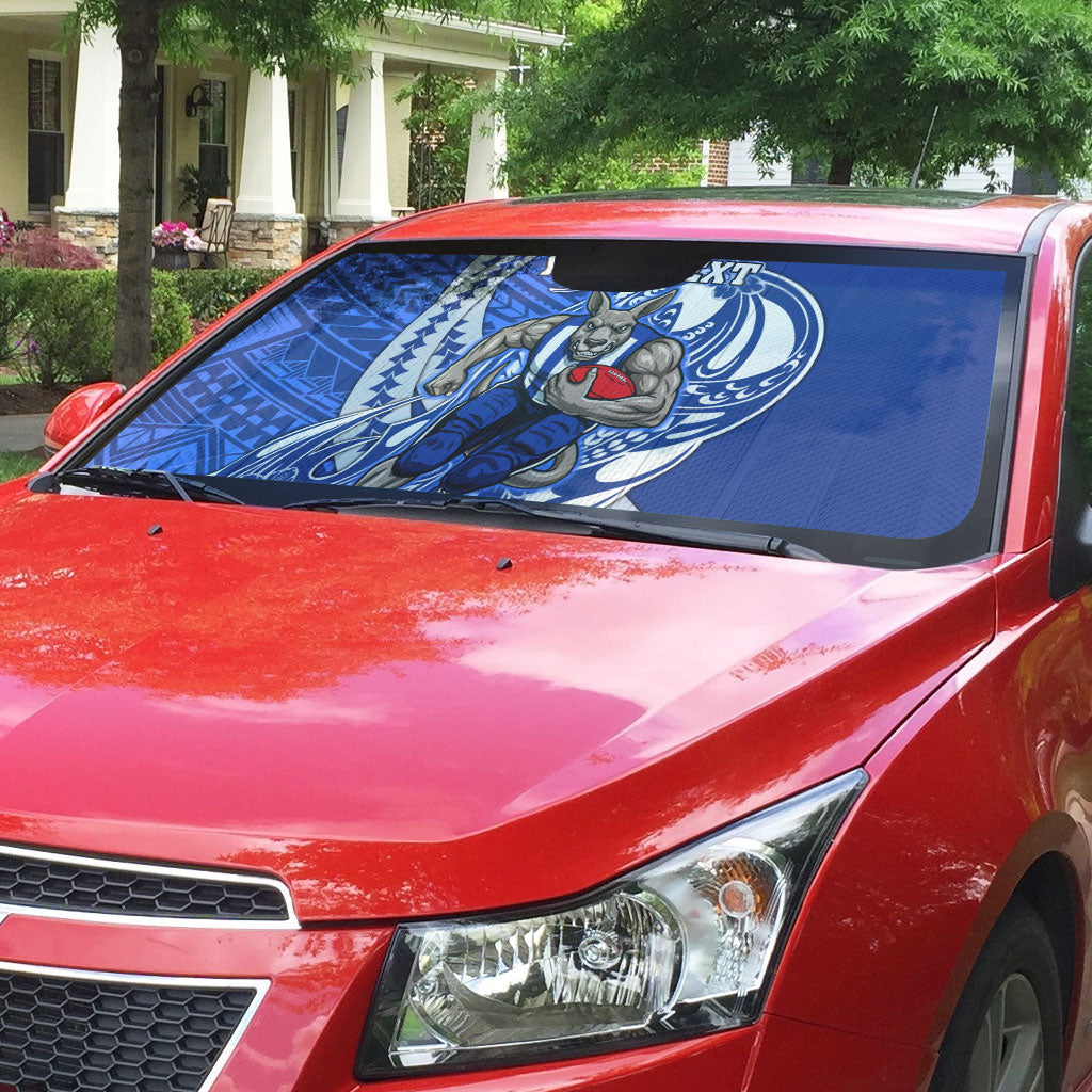 Personalized North Melbourne Kangaroos Auto Sun Shade Polynesian Tribal Kangaroo Mascot With Hibiscus Floral Art