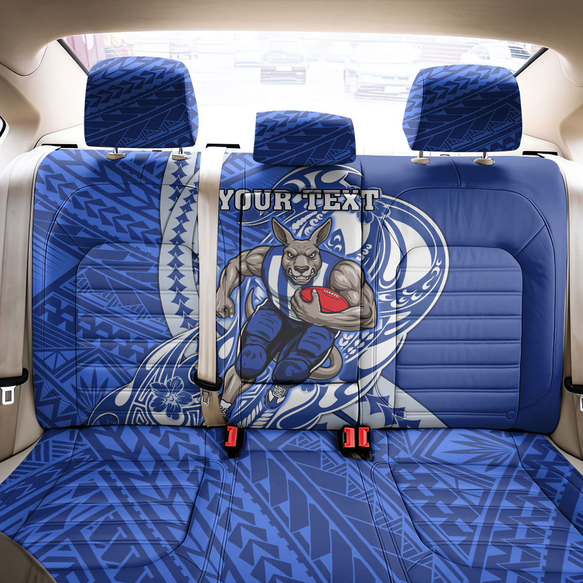 Personalized North Melbourne Kangaroos Back Car Seat Cover Polynesian Tribal Kangaroo Mascot With Hibiscus Floral Art