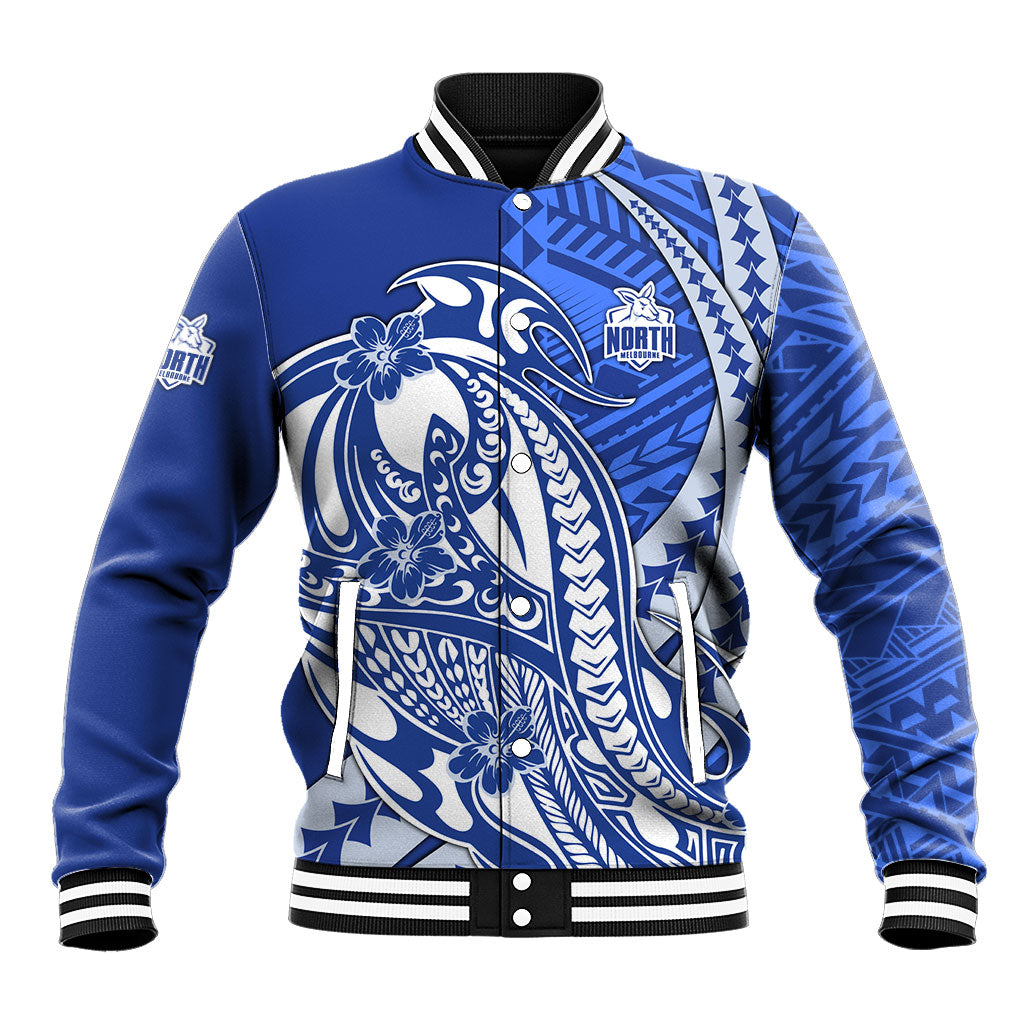 Personalized North Melbourne Kangaroos Baseball Jacket Polynesian Tribal Kangaroo Mascot With Hibiscus Floral Art