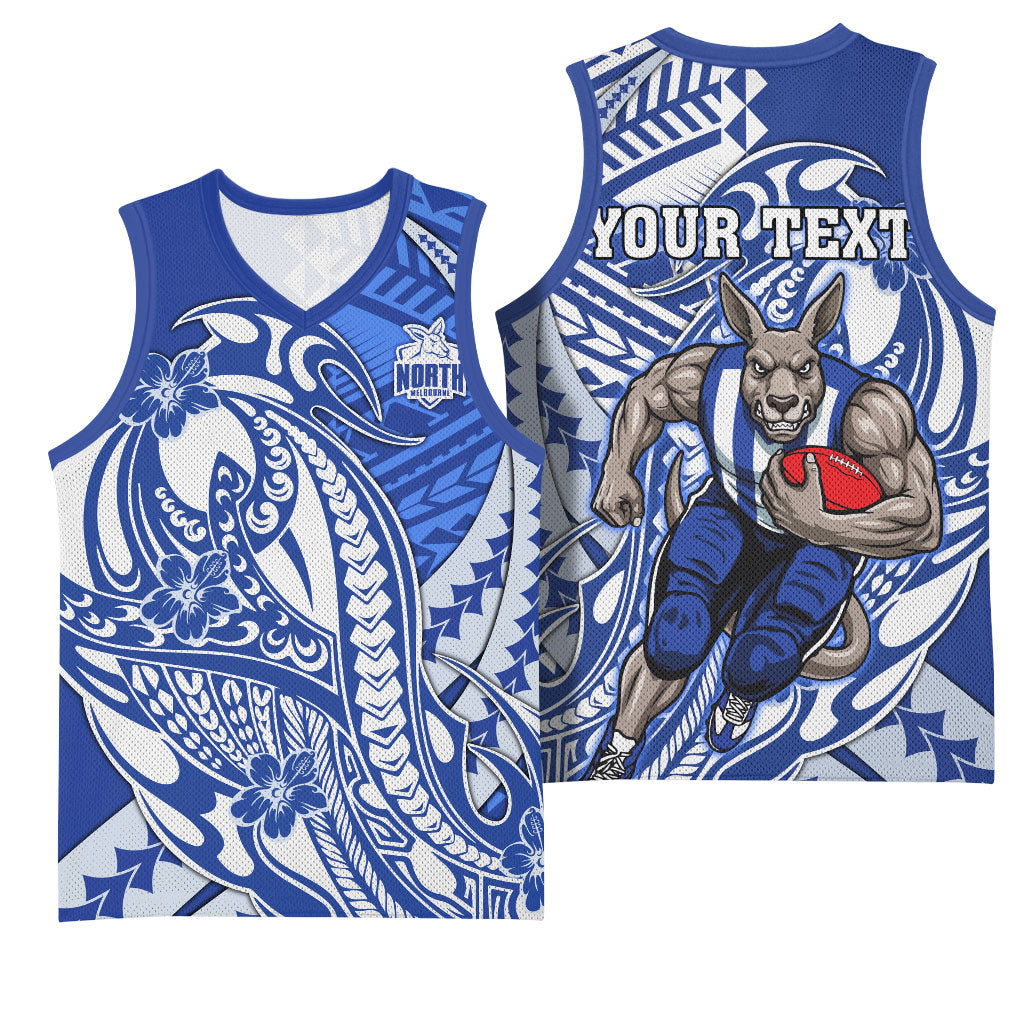 Personalized North Melbourne Kangaroos Basketball Jersey Polynesian Tribal Kangaroo Mascot With Hibiscus Floral Art