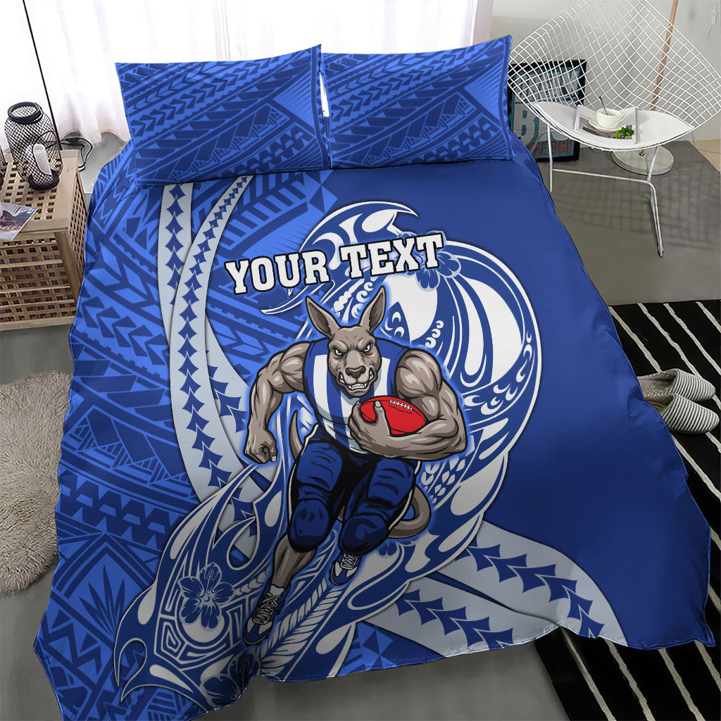 Personalized North Melbourne Kangaroos Bedding Set Polynesian Tribal Kangaroo Mascot With Hibiscus Floral Art