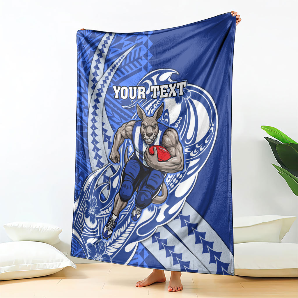 Personalized North Melbourne Kangaroos Blanket Polynesian Tribal Kangaroo Mascot With Hibiscus Floral Art
