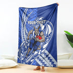 Personalized North Melbourne Kangaroos Blanket Polynesian Tribal Kangaroo Mascot With Hibiscus Floral Art