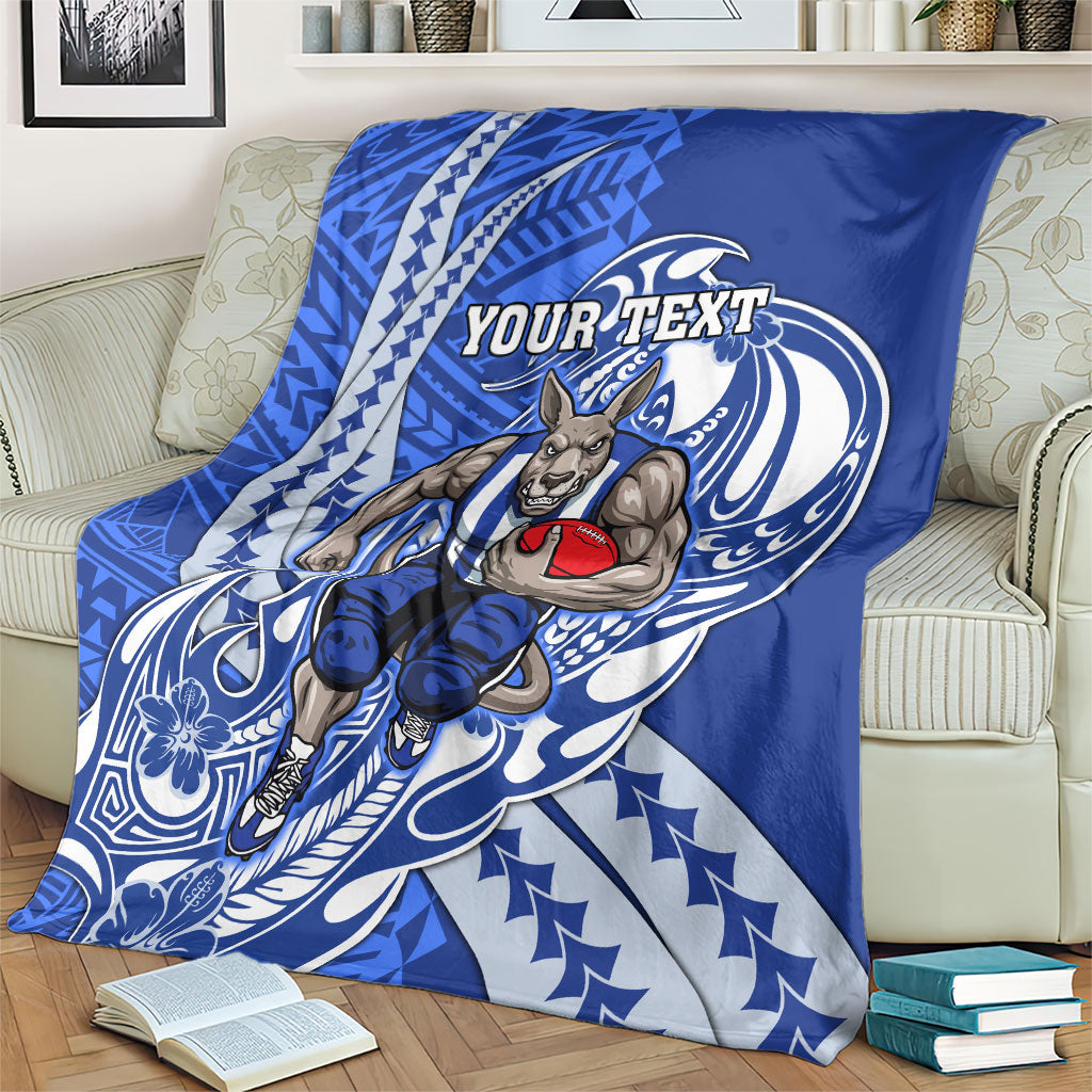 Personalized North Melbourne Kangaroos Blanket Polynesian Tribal Kangaroo Mascot With Hibiscus Floral Art