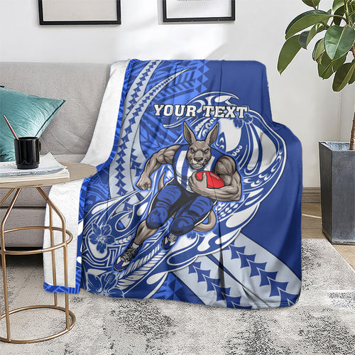 Personalized North Melbourne Kangaroos Blanket Polynesian Tribal Kangaroo Mascot With Hibiscus Floral Art