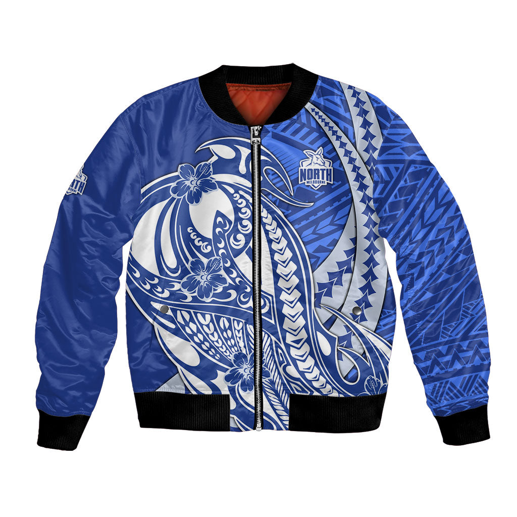 Personalized North Melbourne Kangaroos Bomber Jacket Polynesian Tribal Kangaroo Mascot With Hibiscus Floral Art