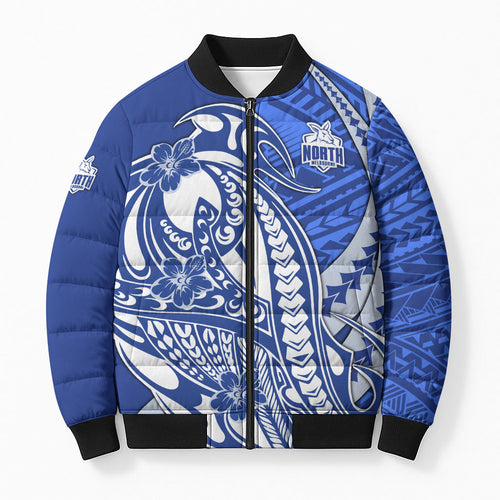 Personalized North Melbourne Kangaroos Bomber Puffer Jacket Polynesian Tribal Kangaroo Mascot With Hibiscus Floral Art