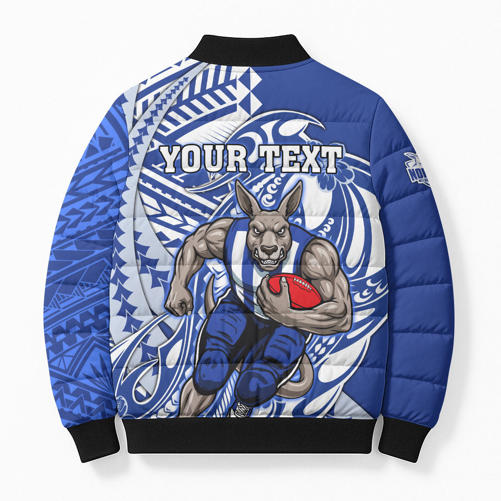 Personalized North Melbourne Kangaroos Bomber Puffer Jacket Polynesian Tribal Kangaroo Mascot With Hibiscus Floral Art