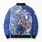 Personalized North Melbourne Kangaroos Bomber Puffer Jacket Polynesian Tribal Kangaroo Mascot With Hibiscus Floral Art