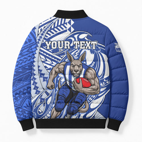 Personalized North Melbourne Kangaroos Bomber Puffer Jacket Polynesian Tribal Kangaroo Mascot With Hibiscus Floral Art
