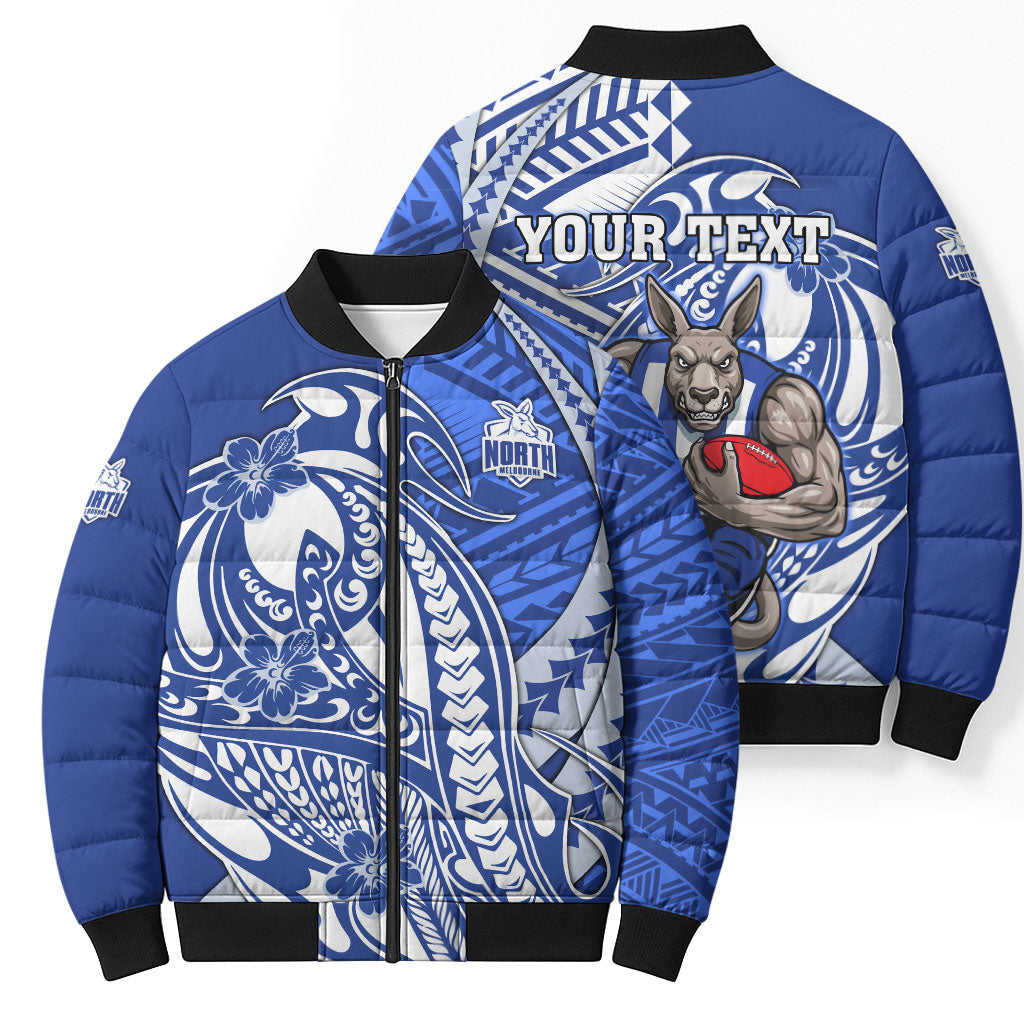 Personalized North Melbourne Kangaroos Bomber Puffer Jacket Polynesian Tribal Kangaroo Mascot With Hibiscus Floral Art