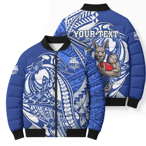 Personalized North Melbourne Kangaroos Bomber Puffer Jacket Polynesian Tribal Kangaroo Mascot With Hibiscus Floral Art