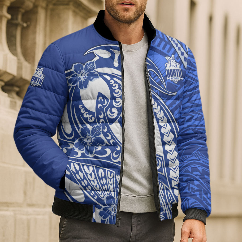 Personalized North Melbourne Kangaroos Bomber Puffer Jacket Polynesian Tribal Kangaroo Mascot With Hibiscus Floral Art