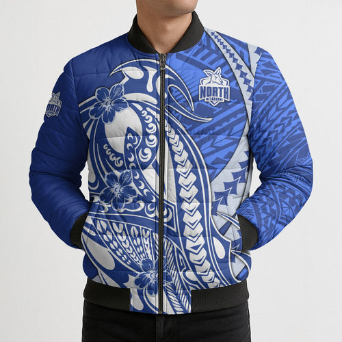 Personalized North Melbourne Kangaroos Bomber Puffer Jacket Polynesian Tribal Kangaroo Mascot With Hibiscus Floral Art